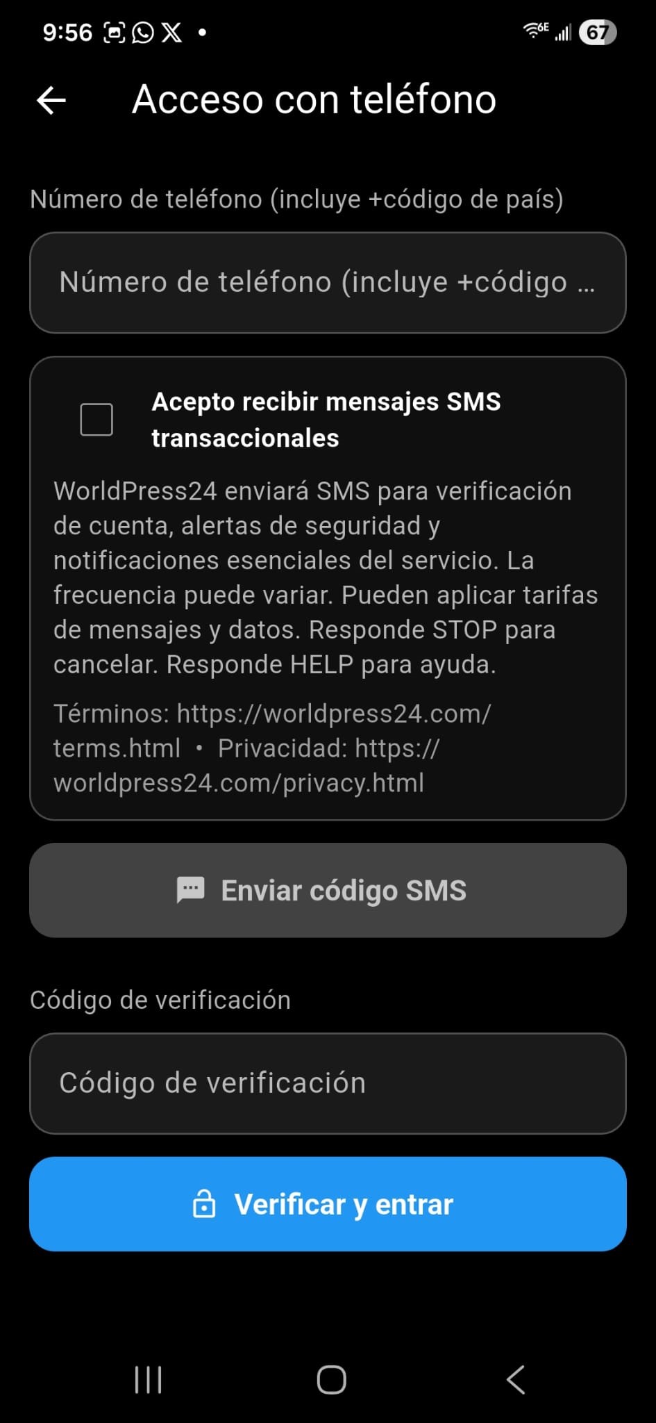 WorldPress24 app screen showing SMS opt-in checkbox unchecked (before consent)