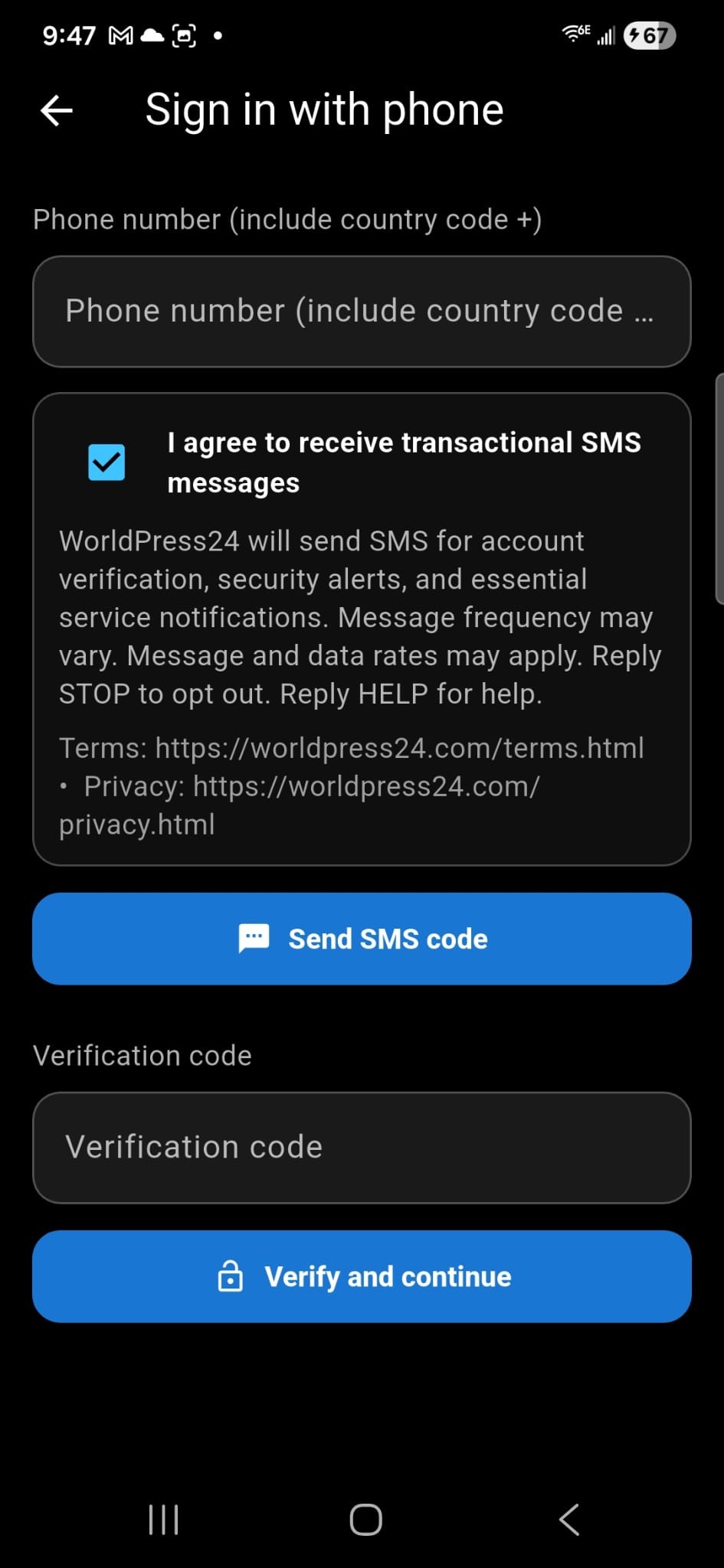 WorldPress24 app screen showing SMS opt-in checkbox checked (consent given)
