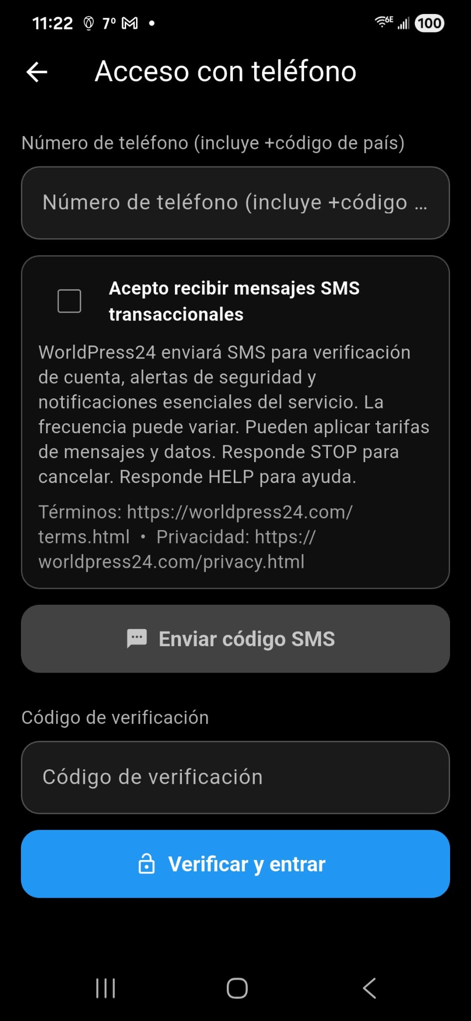 WorldPress24 registration screen showing SMS opt-in disclosure and checkbox