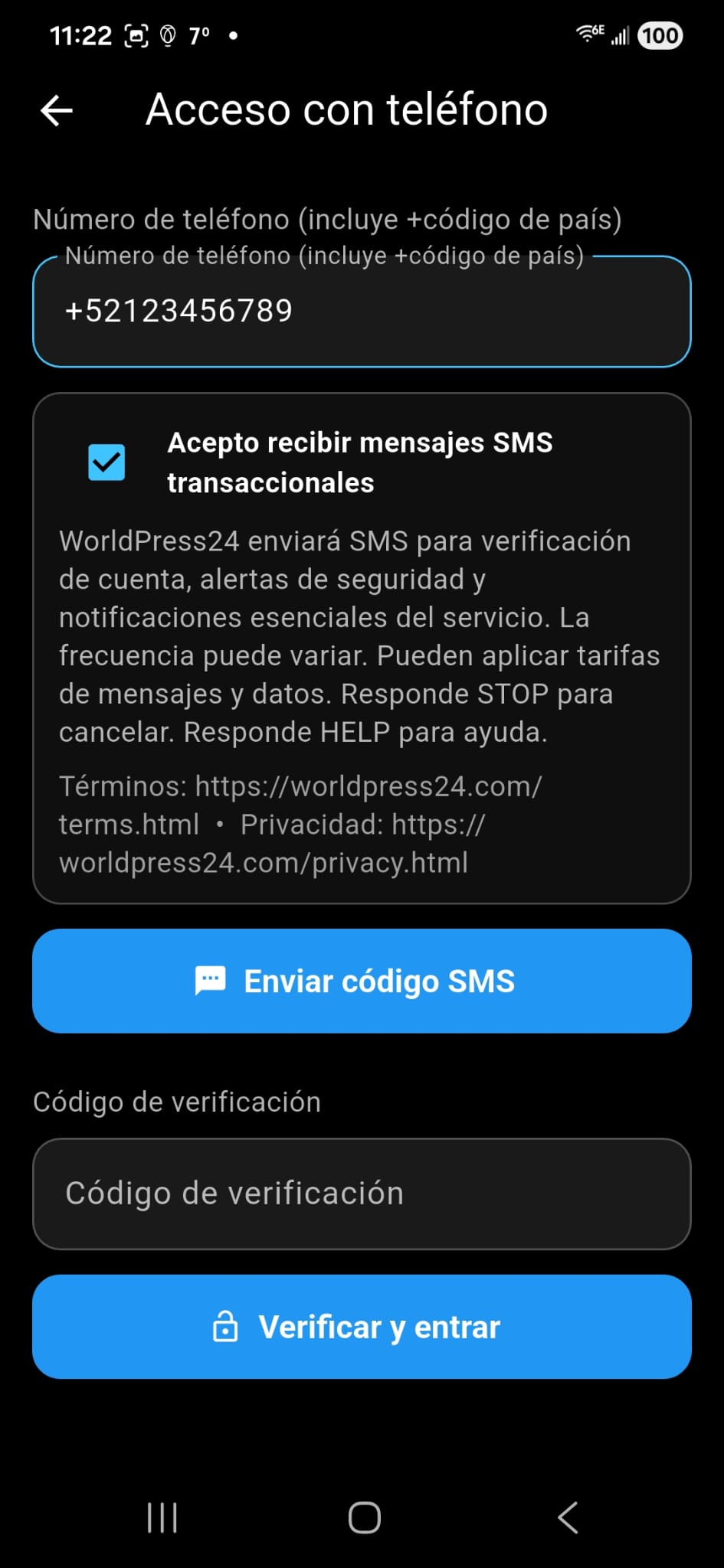 WorldPress24 registration screen with SMS opt-in checkbox selected